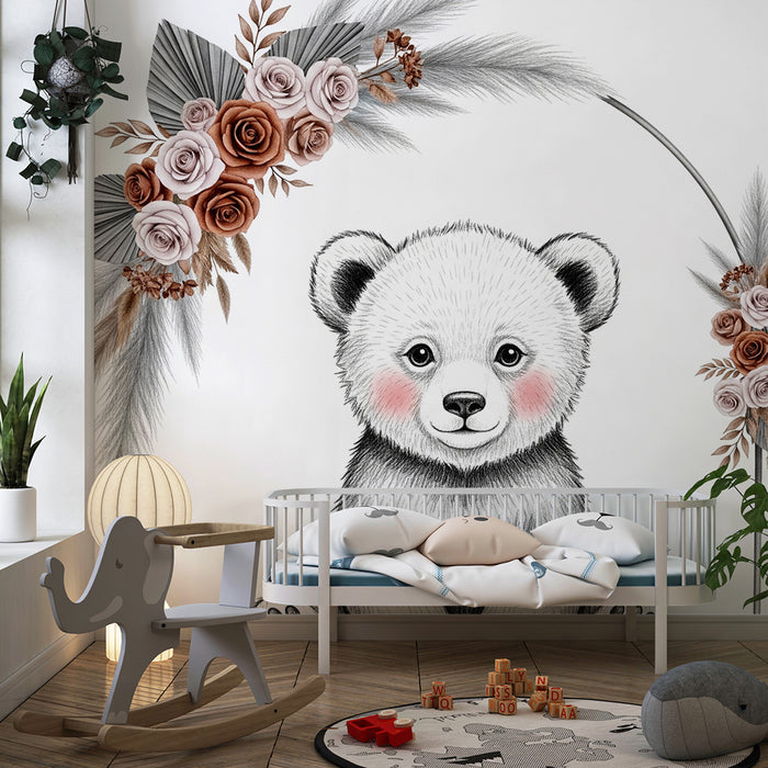 Babyzimmer Tapete | Niedlicher Bär und zarte Blumen