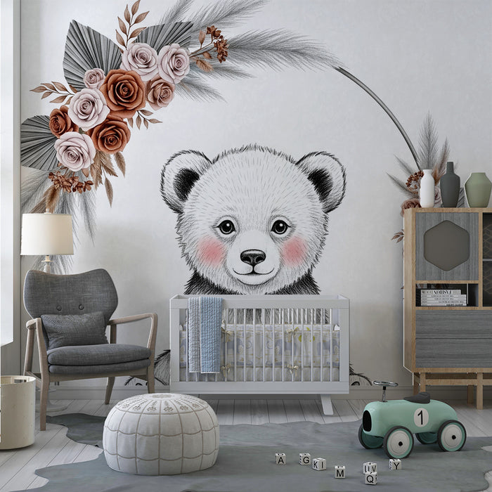 Babyzimmer Tapete | Niedlicher Bär und zarte Blumen