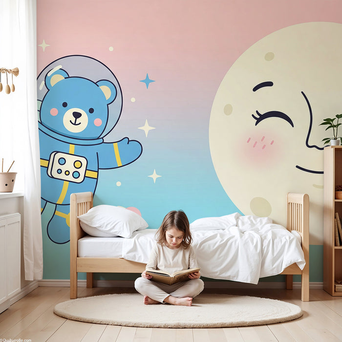 Babykamer behang | Astronautenbeer en lachende maan in een sterrenuniversum