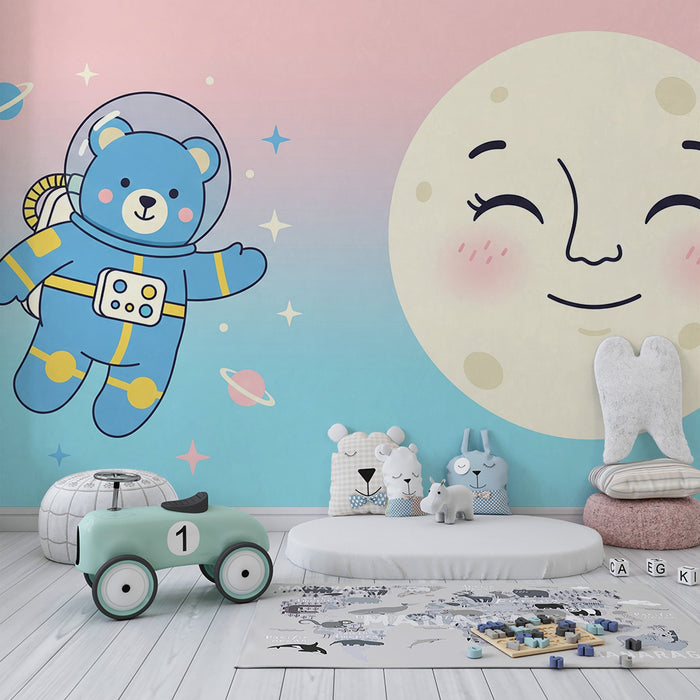 Babykamer behang | Astronautenbeer en lachende maan in een sterrenuniversum