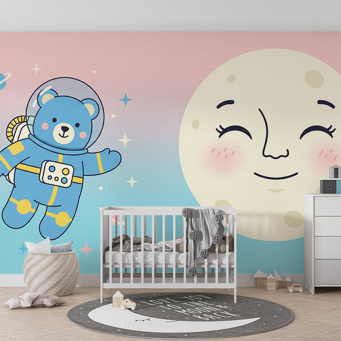 Babykamer behang | Astronautenbeer en lachende maan in een sterrenuniversum