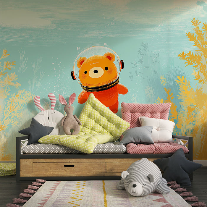 Lastenhuoneen tapetti | Merenalaisia tutkimusmatkoja tekevä astronautti karhu