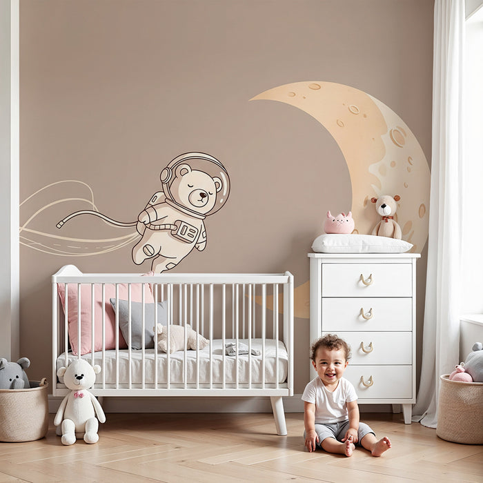 Babykamer behang | Astronautenbeer zwevend naar de maan