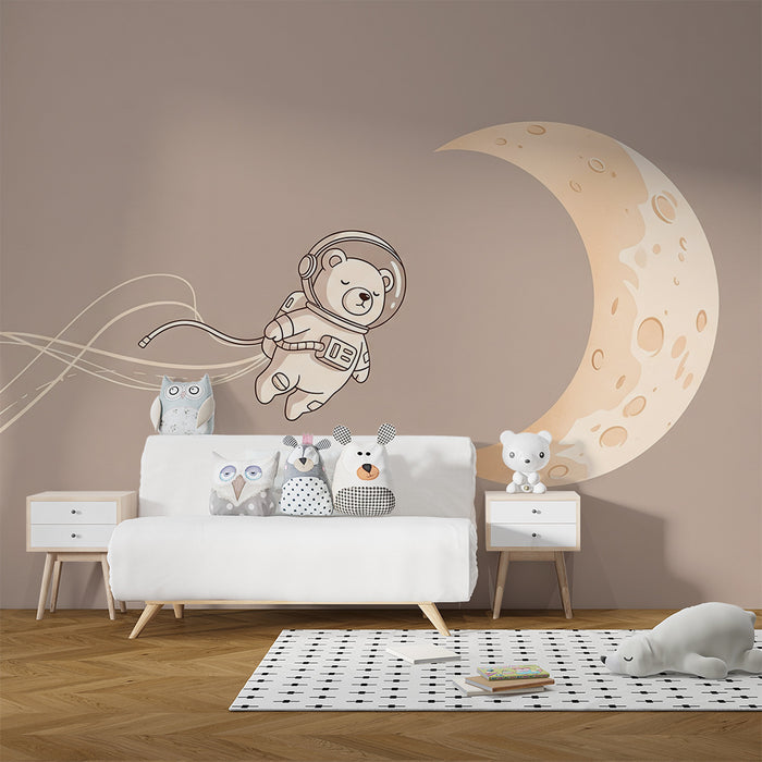 Babykamer behang | Astronautenbeer zwevend naar de maan
