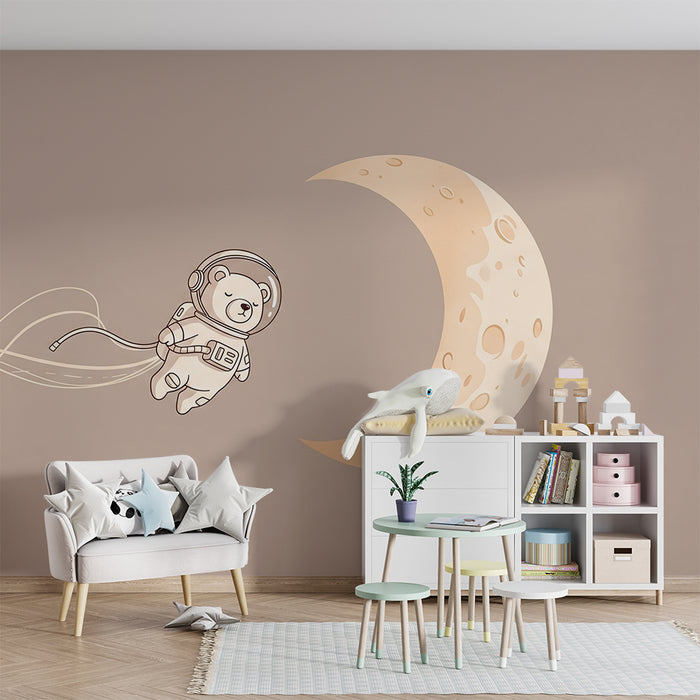 Babykamer behang | Astronautenbeer zwevend naar de maan