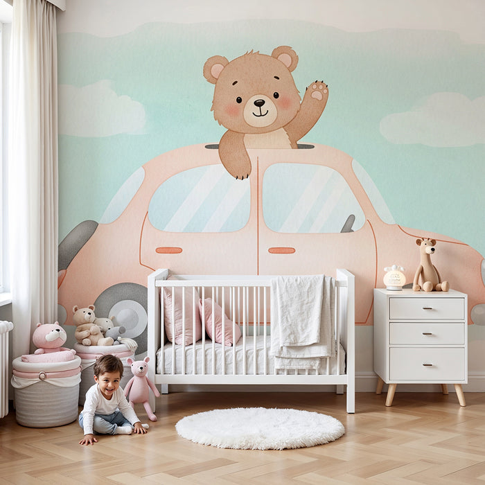 Babykamer behang | Avontuurlijke beer in auto