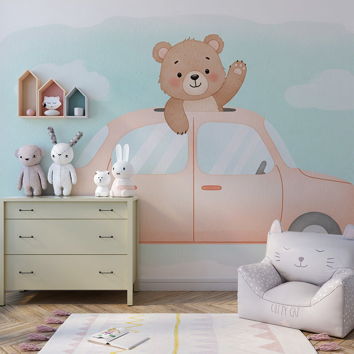 Babykamer behang | Avontuurlijke beer in auto