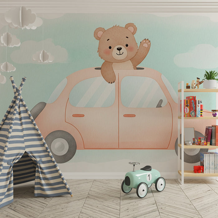 Babykamer behang | Avontuurlijke beer in auto
