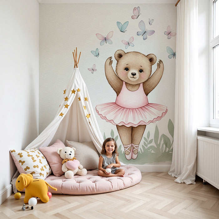 Papel pintado infantil | Osito bailarín y suaves mariposas
