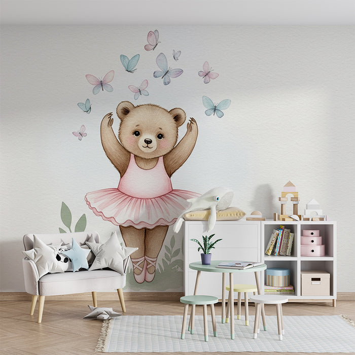 Papel pintado infantil | Osito bailarín y suaves mariposas