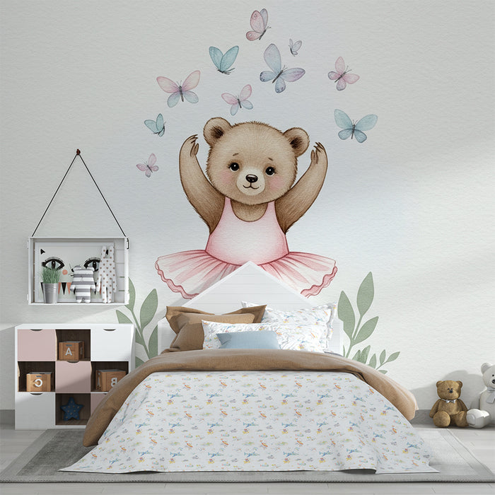 Papel pintado infantil | Osito bailarín y suaves mariposas