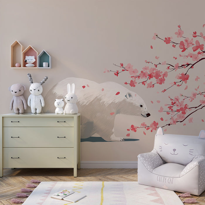 Papel de parede quarto bebê | Ursinho branco sob uma cerejeira em flor