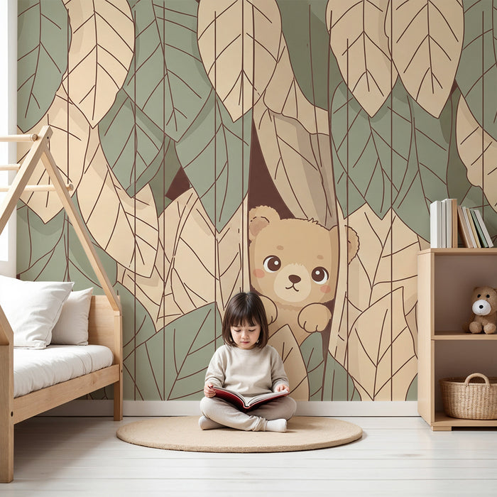 Babyzimmer Tapete | Versteckter Bär zwischen den Blättern