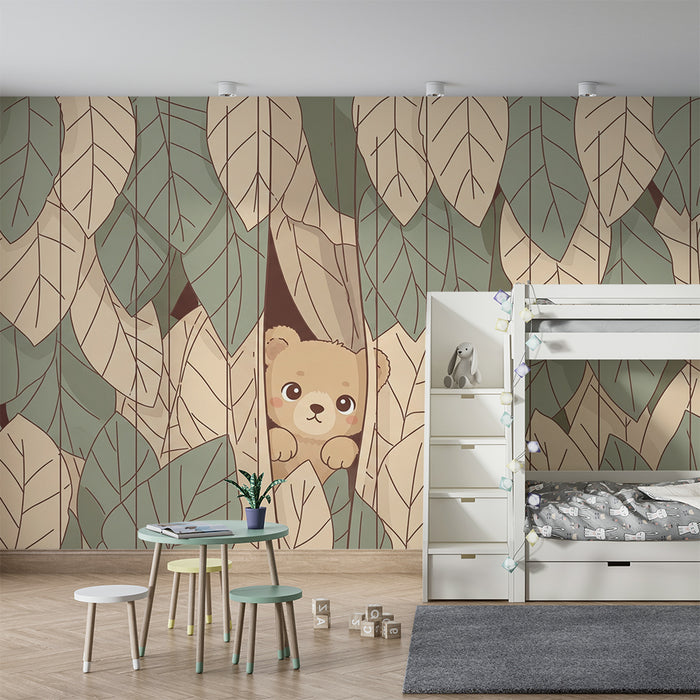 Babyzimmer Tapete | Versteckter Bär zwischen den Blättern