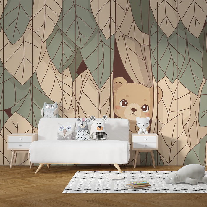 Babyzimmer Tapete | Versteckter Bär zwischen den Blättern