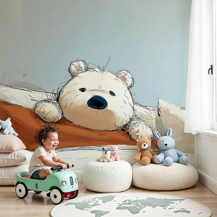 Lastenhuoneen tapetti | Hellyyttävä nalle tyynyillä