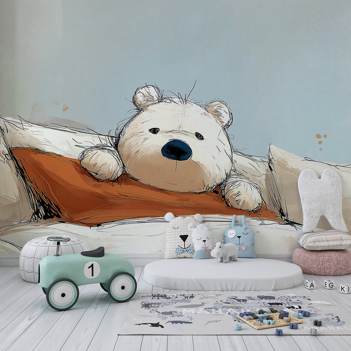 Lastenhuoneen tapetti | Hellyyttävä nalle tyynyillä