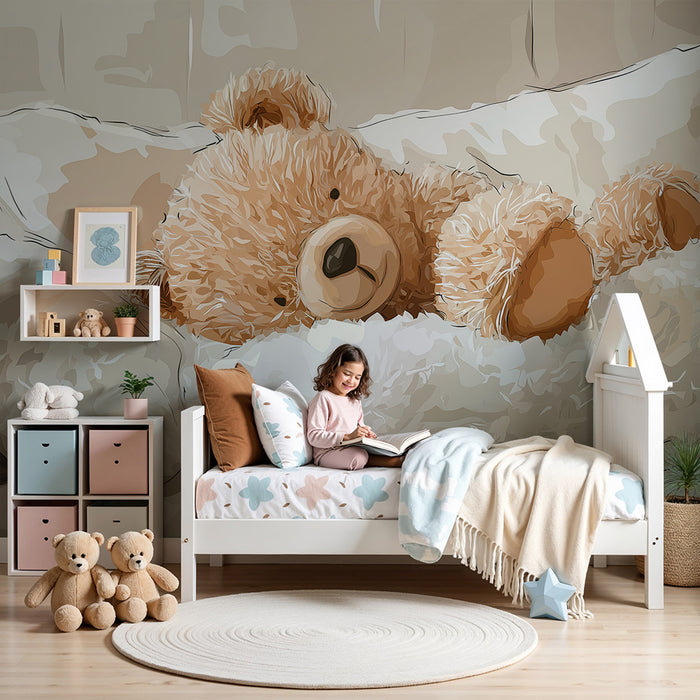 Babyzimmer Tapete | Kuschelbär auf weichem Bett