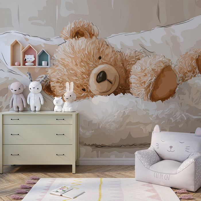 Babyzimmer Tapete | Kuschelbär auf weichem Bett