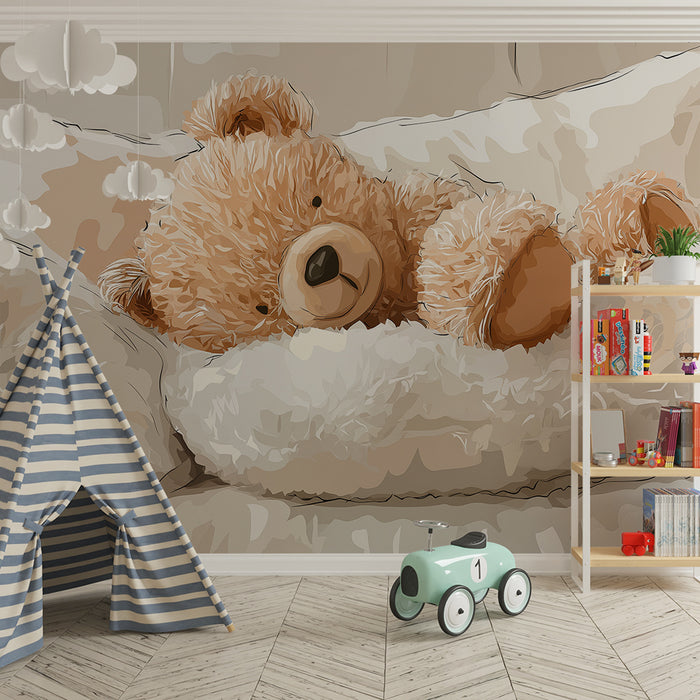 Babyzimmer Tapete | Kuschelbär auf weichem Bett
