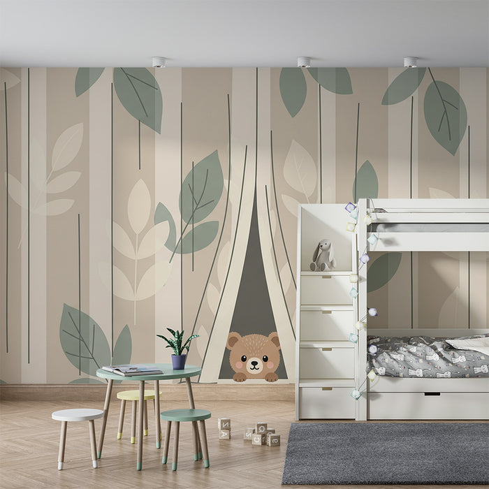Papier peint chambre bébé | Ourson curieux au milieu des feuilles