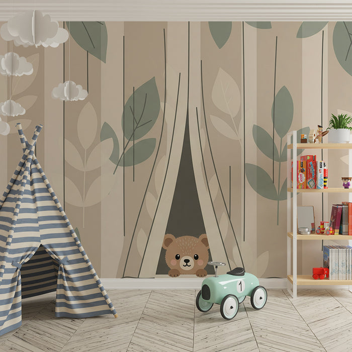 Papier peint chambre bébé | Ourson curieux au milieu des feuilles