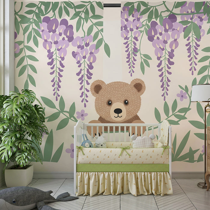 Papier peint chambre bébé | Ourson curieux au milieu des fleurs