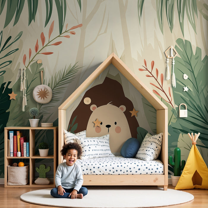 Papier peint chambre bébé | Ourson curieux dans la jungle