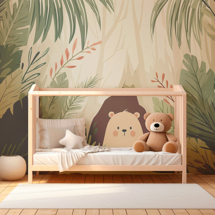 Papier peint chambre bébé | Ourson curieux dans la jungle