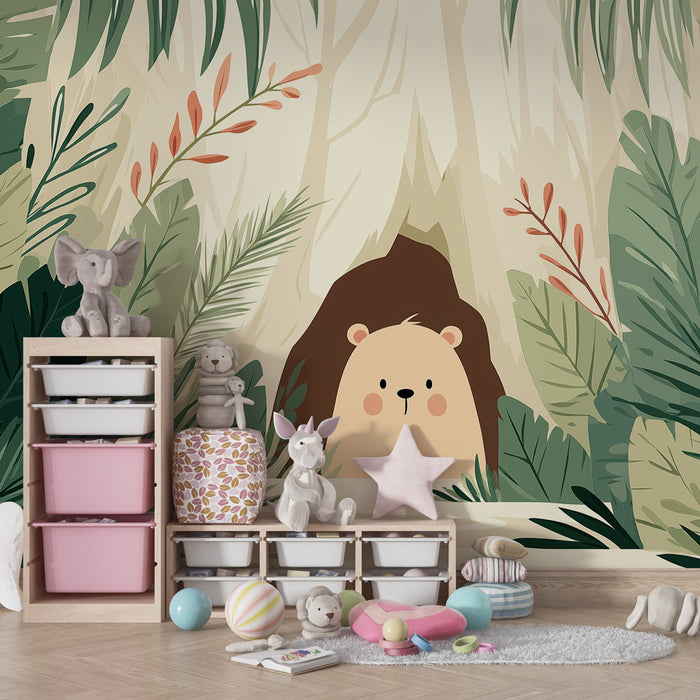 Papier peint chambre bébé | Ourson curieux dans la jungle