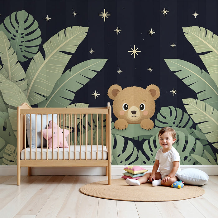 Lastenhuoneen tapetti | Utelias karhu viidakon tähtitaivaassa