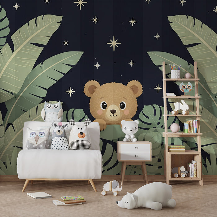 Lastenhuoneen tapetti | Utelias karhu viidakon tähtitaivaassa