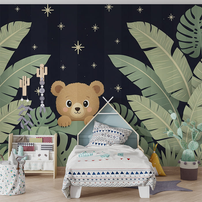 Lastenhuoneen tapetti | Utelias karhu viidakon tähtitaivaassa