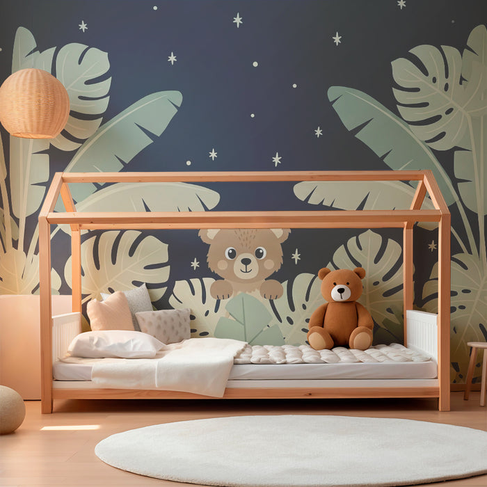 Papier peint chambre bébé | Ourson curieux dans la jungle nocturne