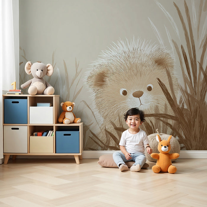 Babyzimmer Tapete | Neugieriger Bär im hohen Gras