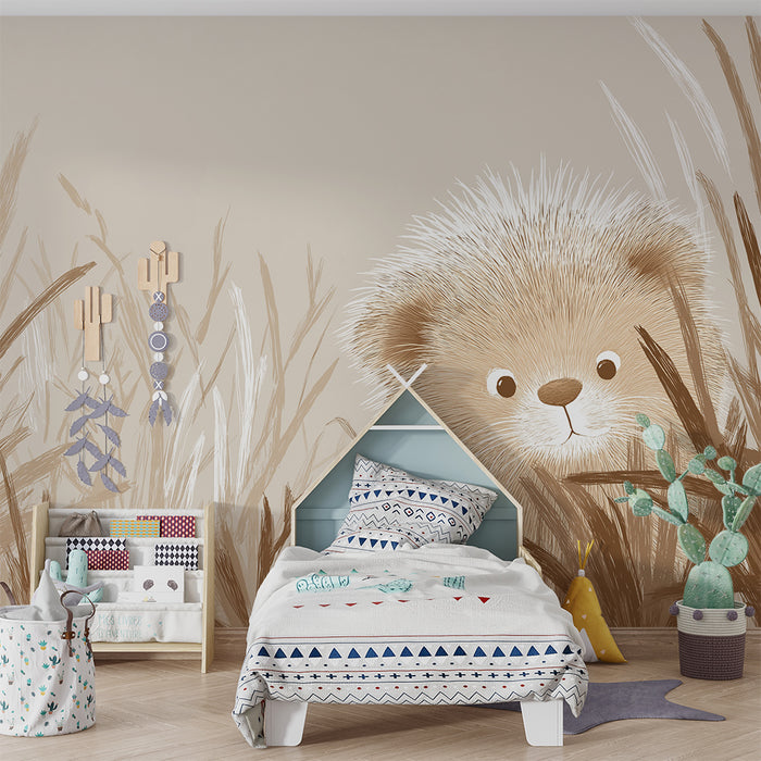 Babyzimmer Tapete | Neugieriger Bär im hohen Gras