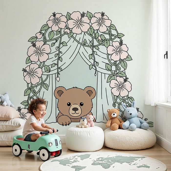 Papier peint chambre bébé | Ourson curieux et fleurs délicates