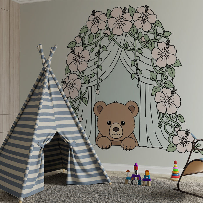 Papier peint chambre bébé | Ourson curieux et fleurs délicates