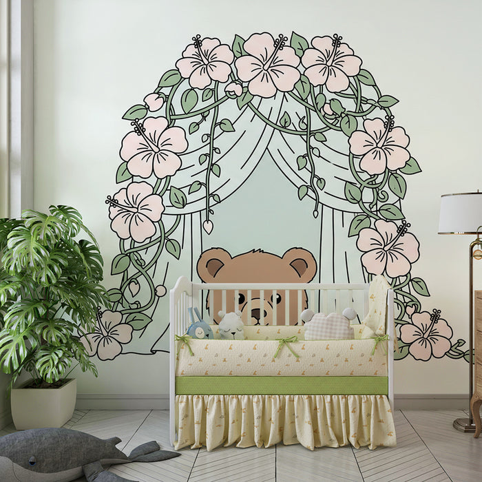Papier peint chambre bébé | Ourson curieux et fleurs délicates