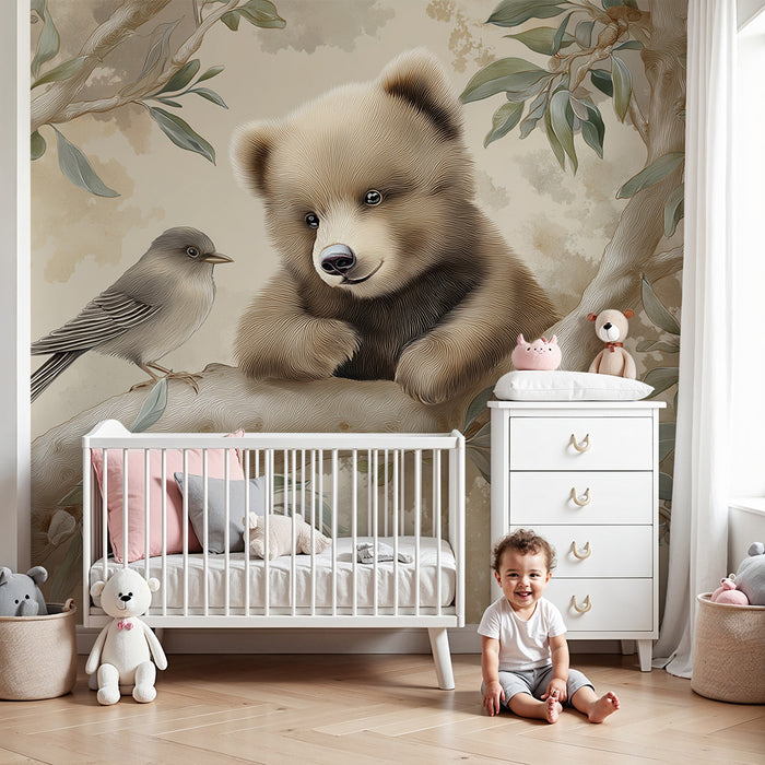 Lastenhuoneen tapetti | Utelias karhu ja lintu puun oksalla