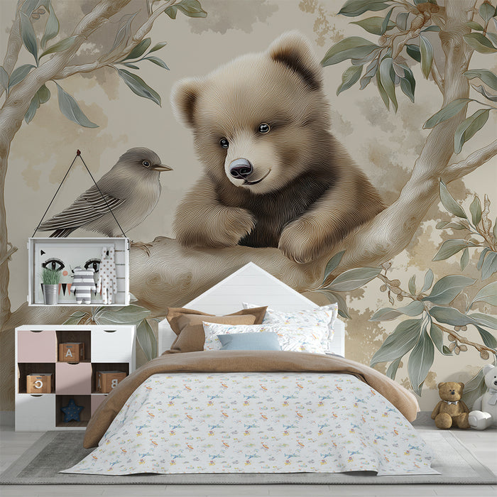 Lastenhuoneen tapetti | Utelias karhu ja lintu puun oksalla