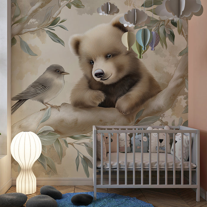 Lastenhuoneen tapetti | Utelias karhu ja lintu puun oksalla