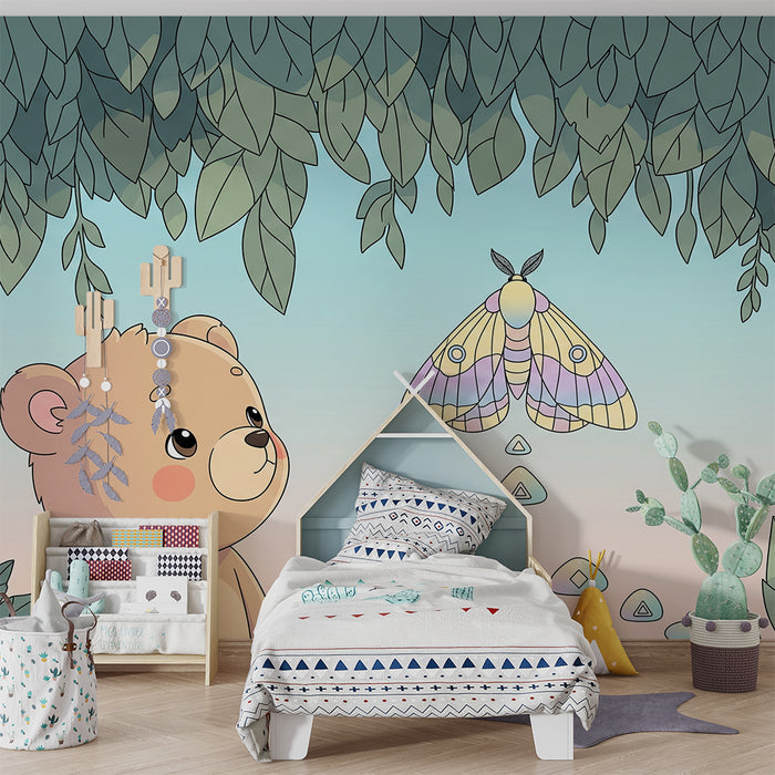 Lastenhuoneen tapetti | Utelias karhu ja värikäs perhonen luonnonmukaisessa ympäristössä