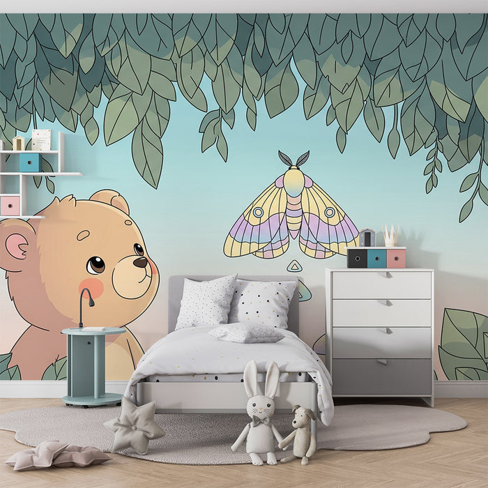 Lastenhuoneen tapetti | Utelias karhu ja värikäs perhonen luonnonmukaisessa ympäristössä