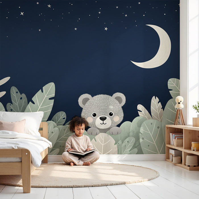 Lastenhuoneen tapetti | Utelias nalle tähtien alla