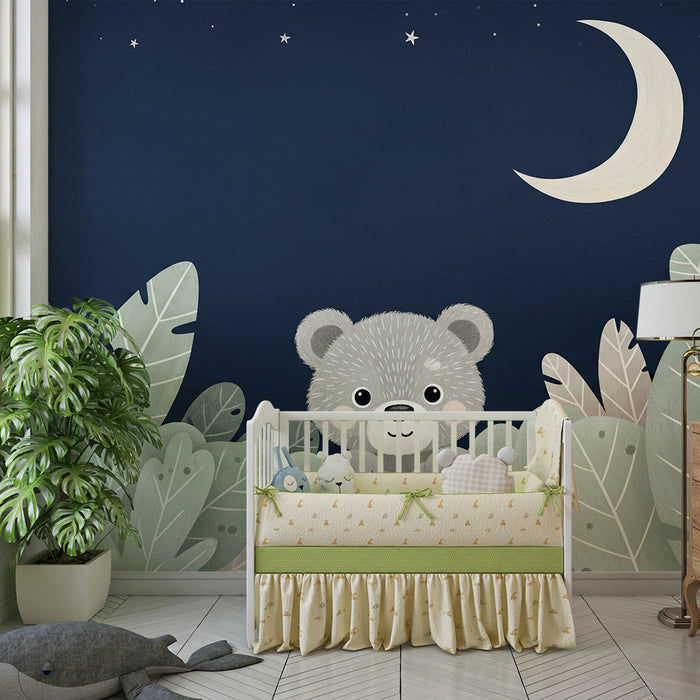 Lastenhuoneen tapetti | Utelias nalle tähtien alla