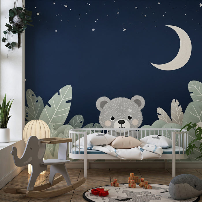 Lastenhuoneen tapetti | Utelias nalle tähtien alla
