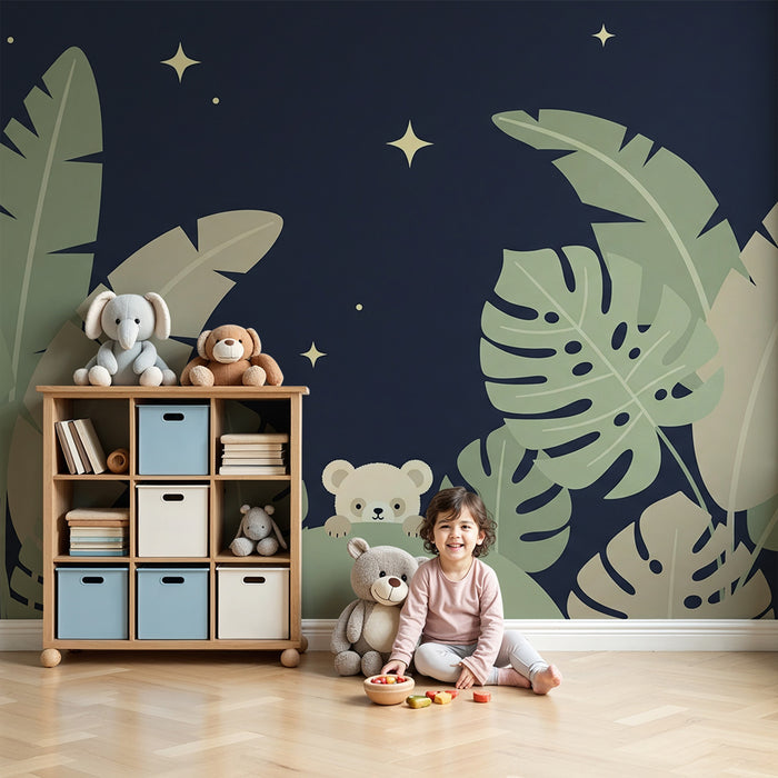 Lastenhuoneen tapetti | Utelias nalle tähtien alla ja yönsininen tausta