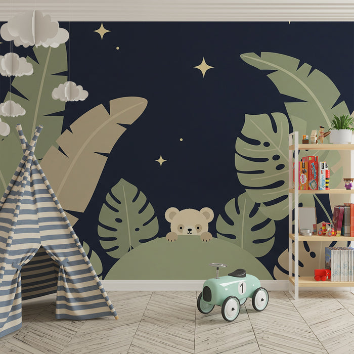 Lastenhuoneen tapetti | Utelias nalle tähtien alla ja yönsininen tausta