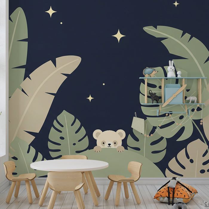 Lastenhuoneen tapetti | Utelias nalle tähtien alla ja yönsininen tausta